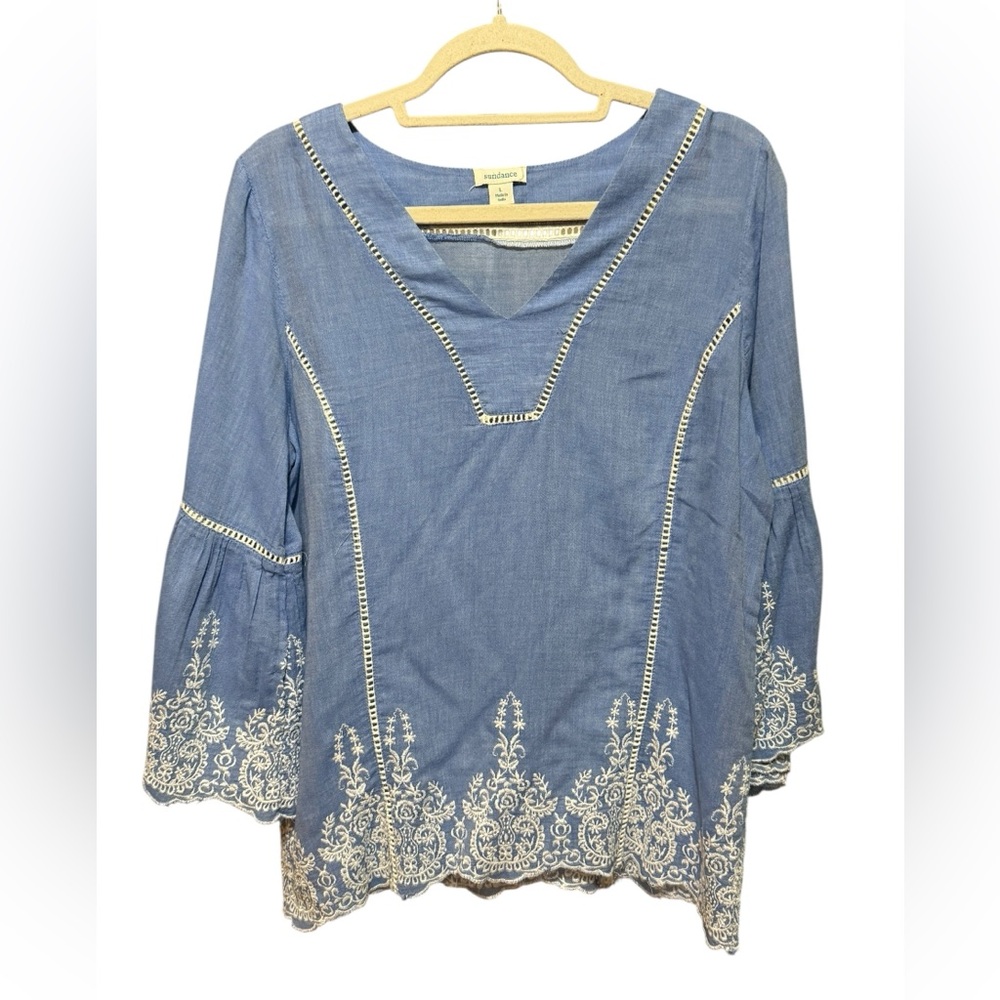 Sundance Lace Blue & White Liliana Embroidered‎ Blouse Top Bell Sleeves Sz L